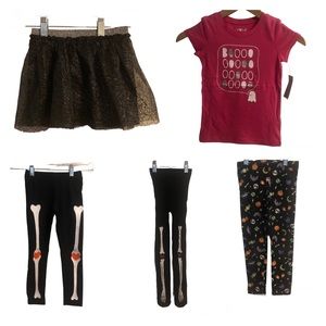 Girls Halloween Themed Shirt Skeleton Pants Tights Sparkly Web Skirt Sz 4 5 4/5